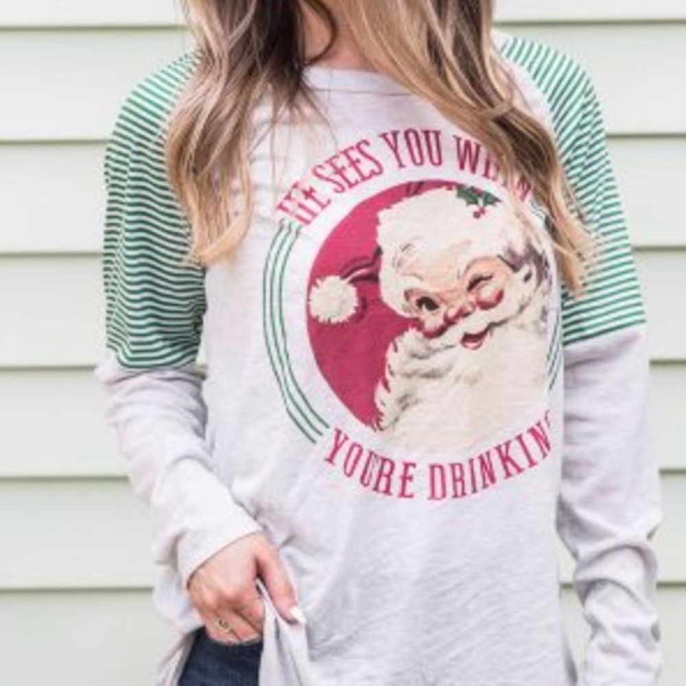 EUC [Southern Grace] Green Striped Funny Santa Holiday Christmas Tee | Small - Picture 6 of 12